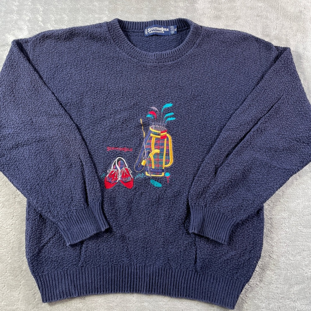Vintage Scottish Isle‎ Sweater Mens XL Blue Golf Preppy Textured Hand Framed USA